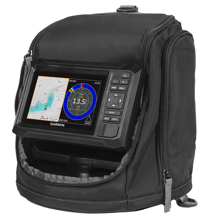 Garmin ECHOMAP UHD2 Keyed 5" cv ice fishing bundle with dual-beam transducer and fish finder display on a boat or ice fishing setup.