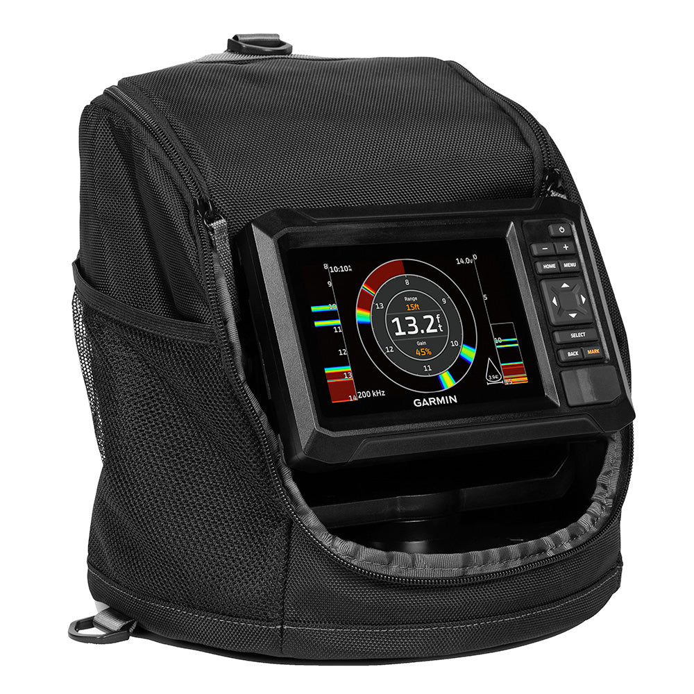Garmin ECHOMAP UHD2 Keyed 5-inch cv ice fishing bundle with dual beam-IF transducer and fish finder display on the ice.