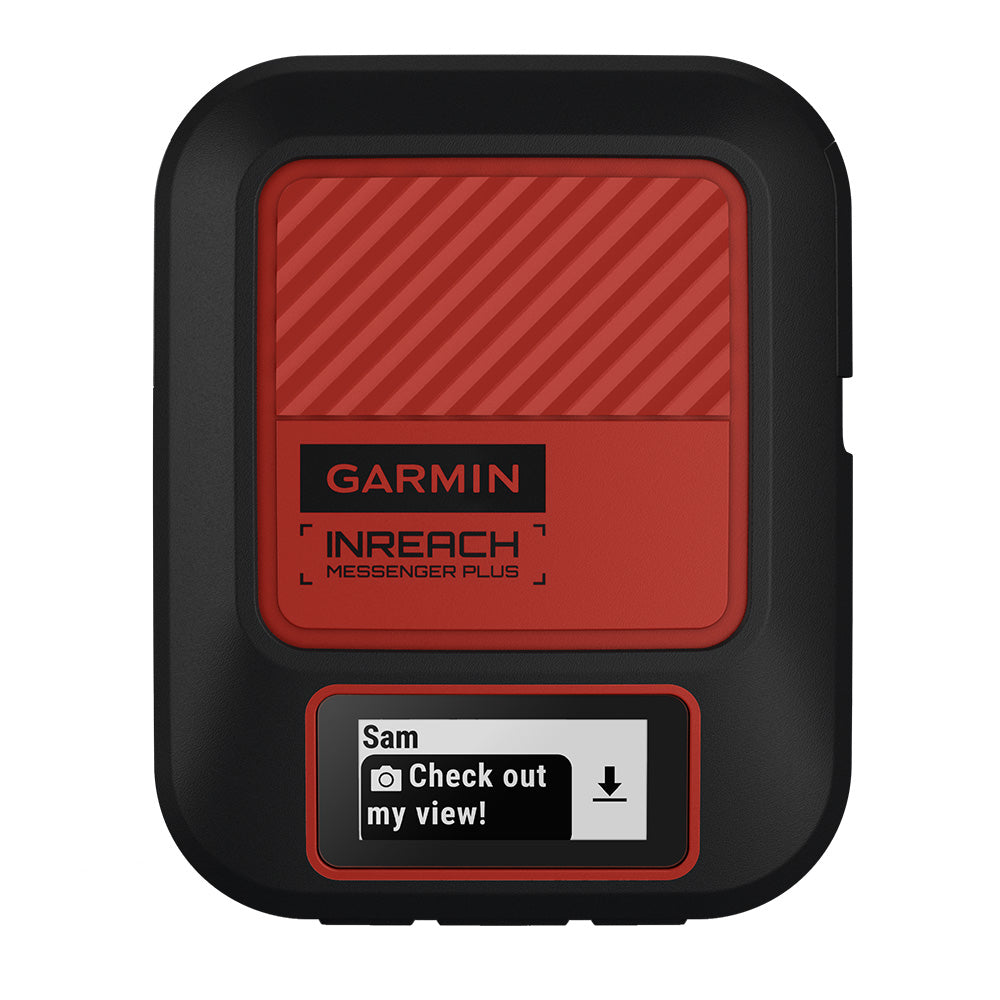 Garmin inReach Messenger Plus SOS satellite communicator with photo and voice messaging, a compact personal locator beacon for outdoor safety.