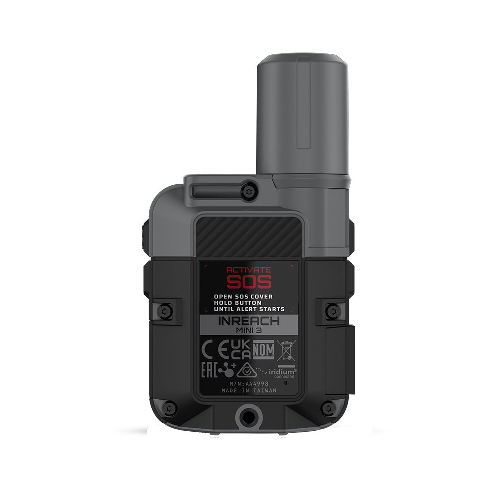 Garmin inReach Mini 3 personal locator beacon showing compact design with screen and control buttons for emergency communication.