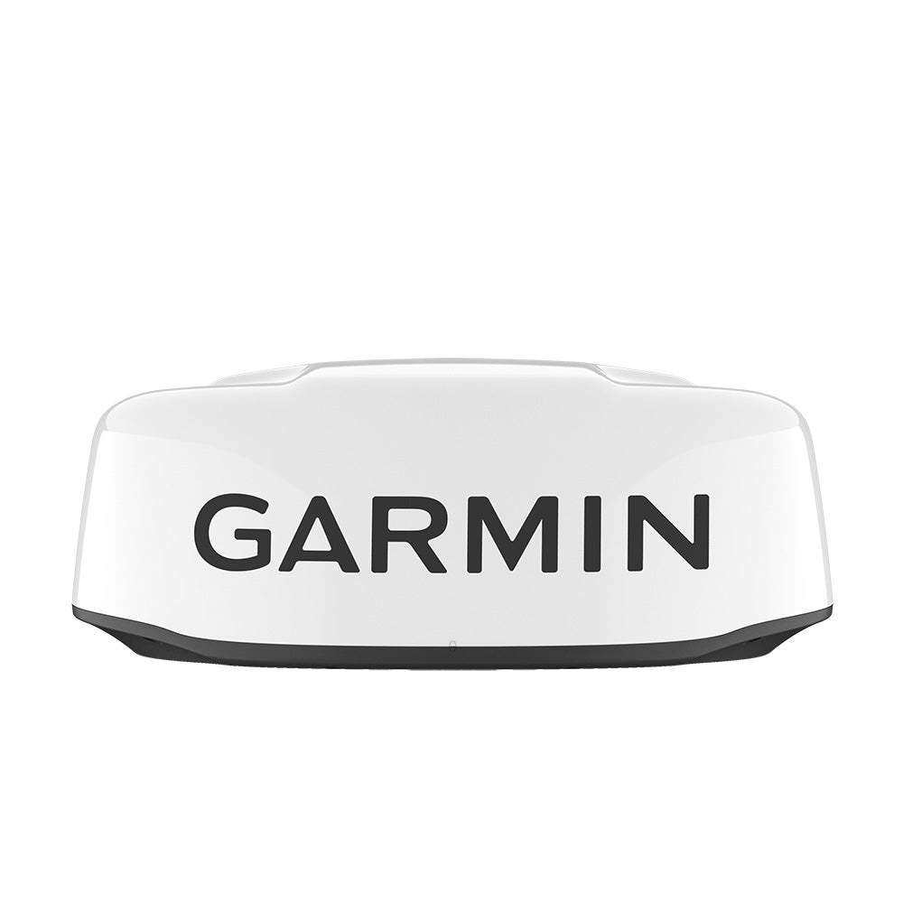 Garmin GMR 24 xHD3 24-inch radar dome mounted on a vessel, with a sleek white weatherproof design for marine navigation.