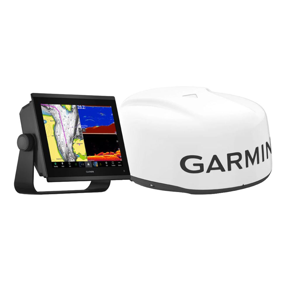 Garmin GPSMAP 1243xsv marine GPS chartplotter with GMR 18 HD3 radar dome on a boat deck.