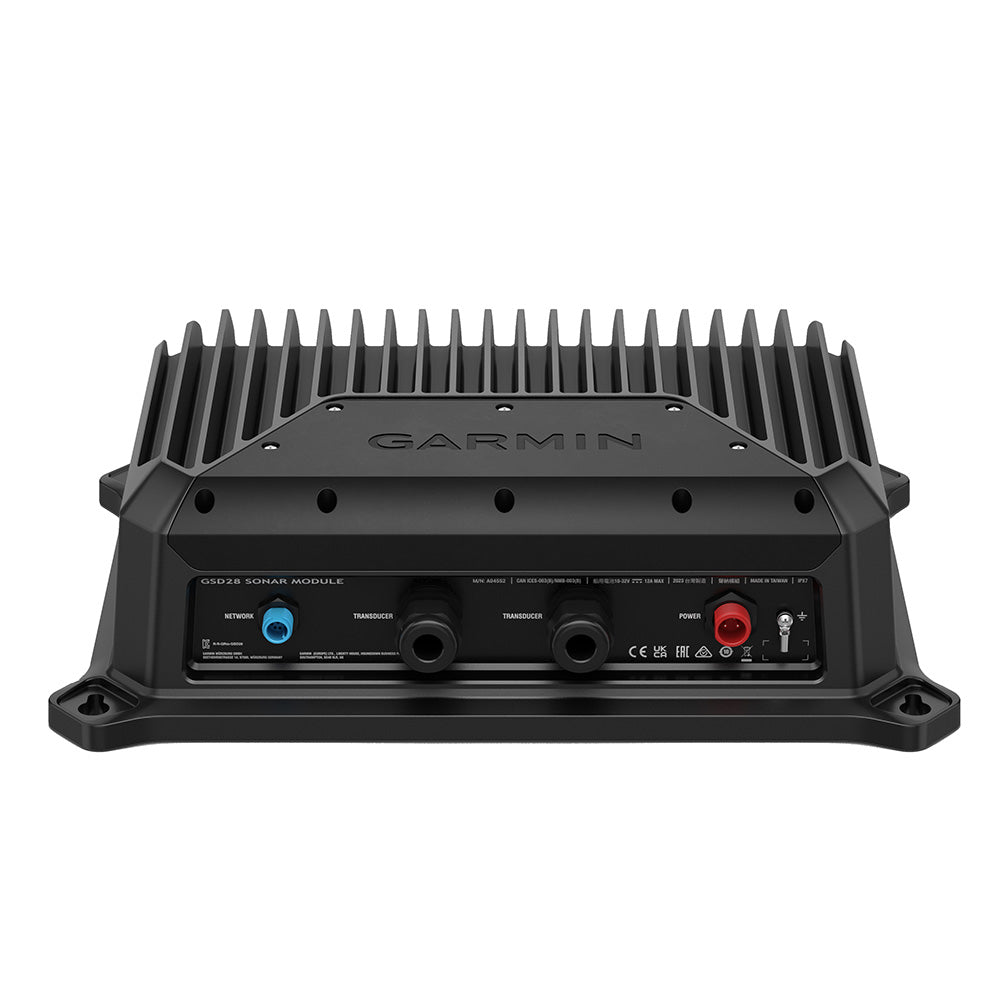Garmin GSD 28 Advanced Sonar Module for fish finding and underwater scanning, shown with its sleek design and connection ports.