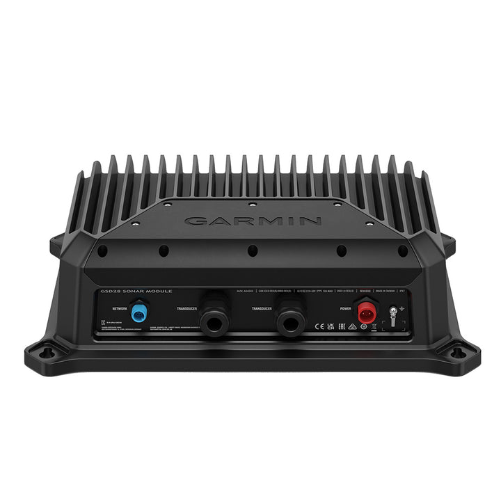 Garmin GSD 28 Advanced Sonar Module for fish finding and underwater scanning, shown with its sleek design and connection ports.