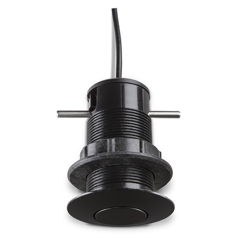 Garmin GDT 43 depth and temperature transducer showing sensor with mounting hardware on boat hull