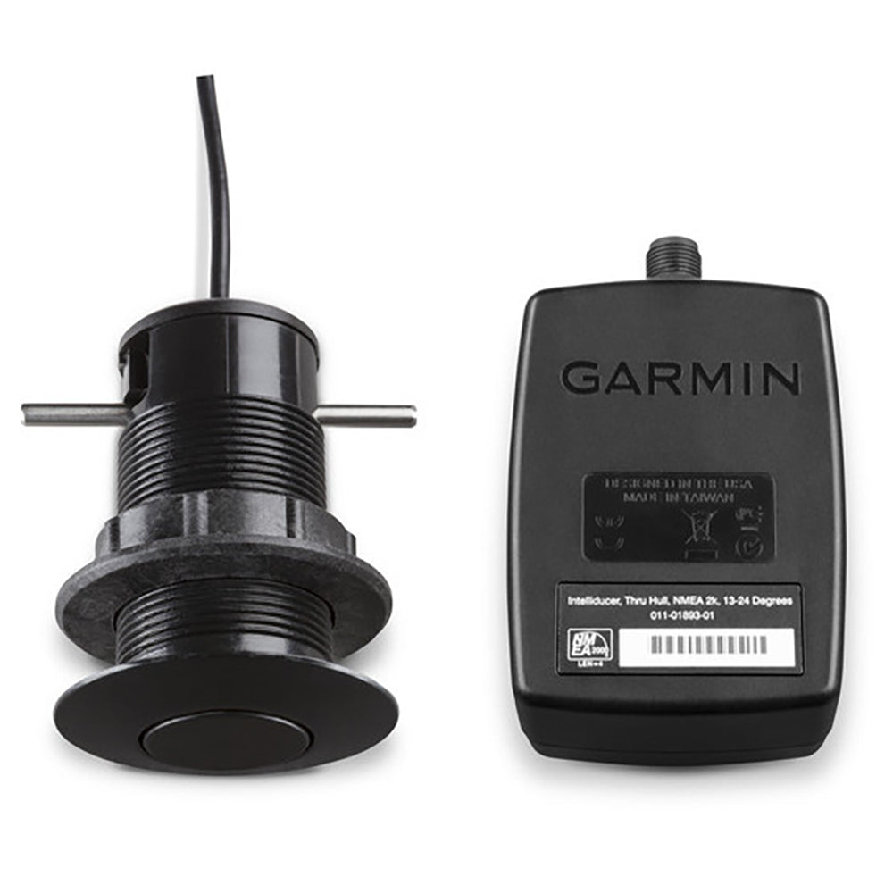 Garmin GDT 43 NMEA 2000 depth and temperature transducer for marine boats, showing the device with cables and mounting hardware.