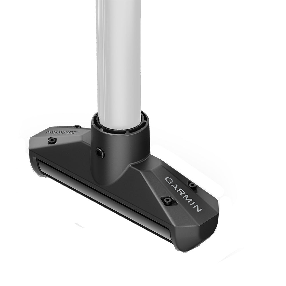 Garmin GT360UHD transducer mounted on spy pole for marine depth and fish finding, showing detailed transducer and mounting setup