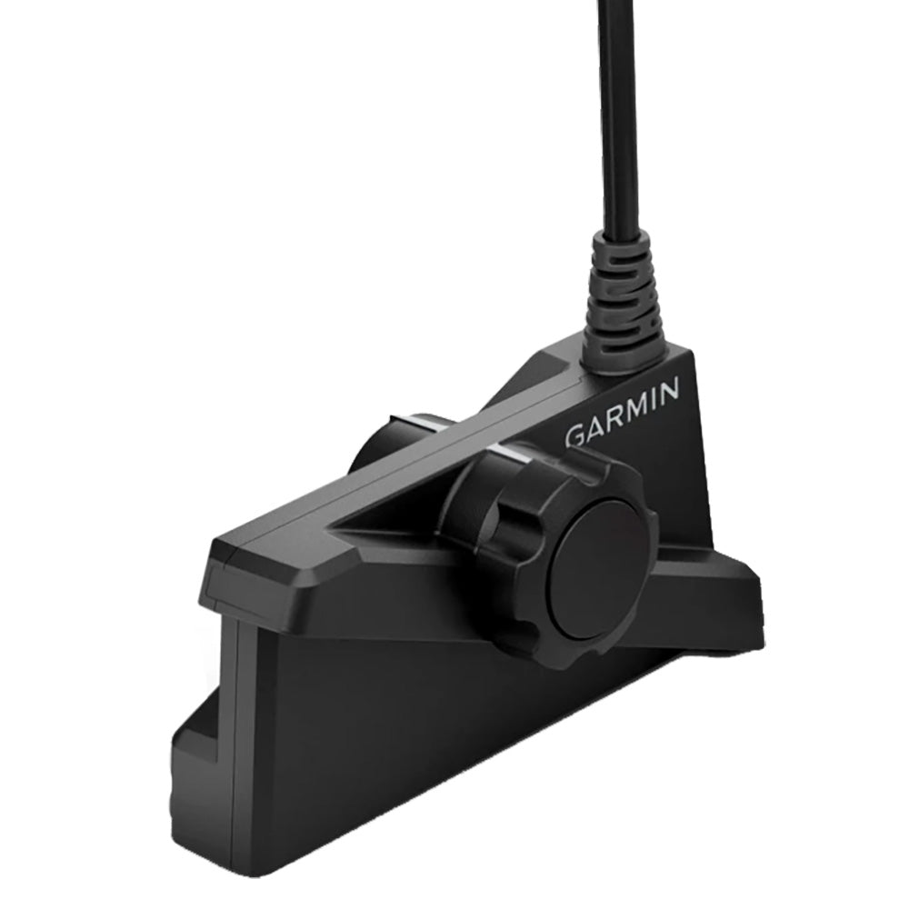 Garmin LiveScope Plus LVS34-IF ice fishing transducer displaying underwater images on a screen.