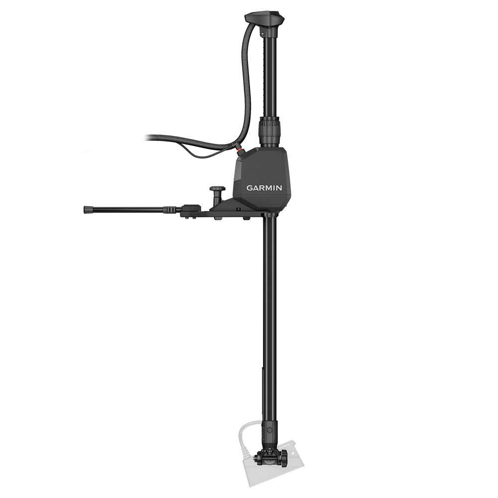 Garmin Spy Pole 42-inch motorized trolling motor mount attached to a boat, used for fishing and trolling accessories.