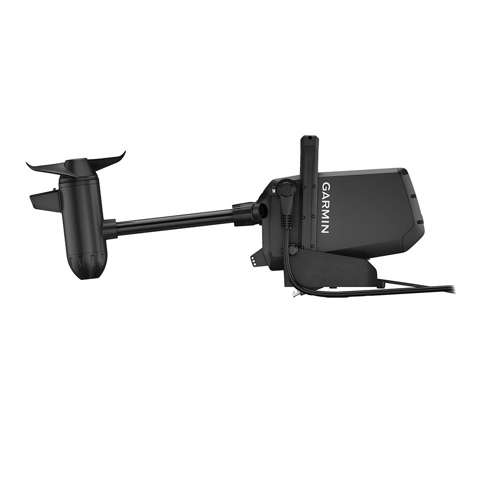 Garmin Force Current kayak trolling motor mounted on a kayak, showcasing its sleek design and control features for fishing.