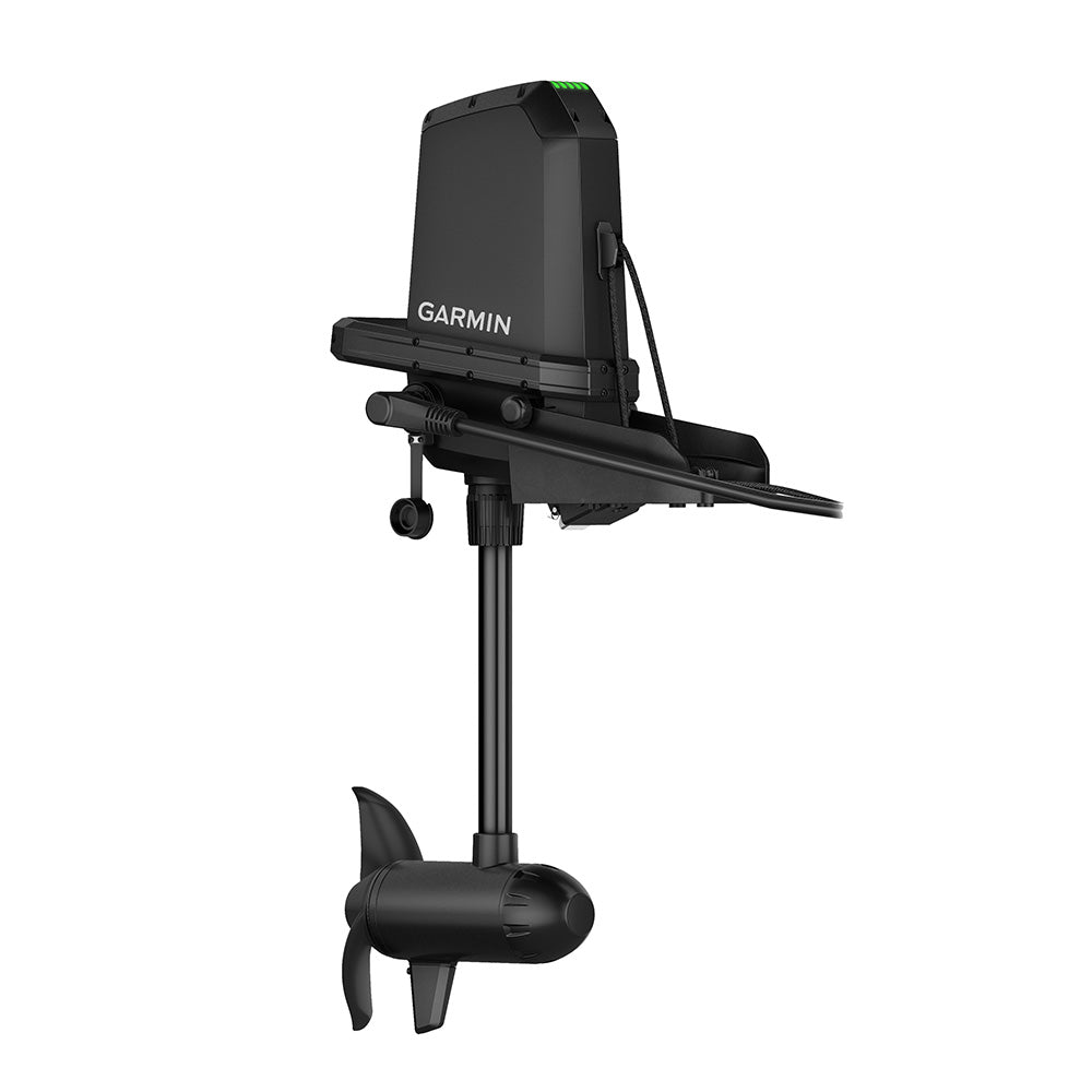 Garmin Force Current kayak trolling motor with power steer foot pedals, compact design, and control handles for smooth navigation.