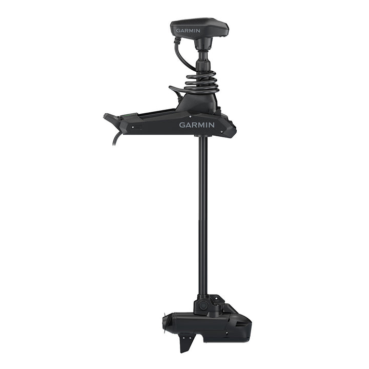 Garmin Force Kraken Black 48-inch trolling motor with GT56UHD transducer, mounted on a boat, showcasing its sleek design and control panel.