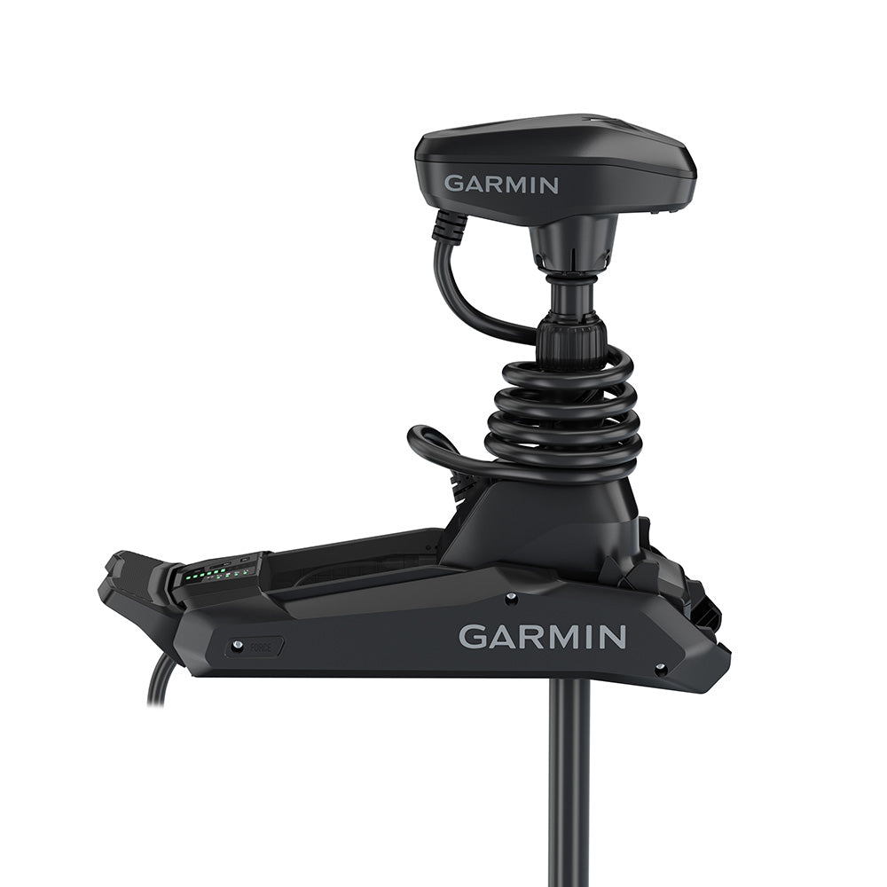 Garmin Force Kraken Black 48-inch trolling motor with GT56UHD transducer mounted on a boat for freshwater fishing.