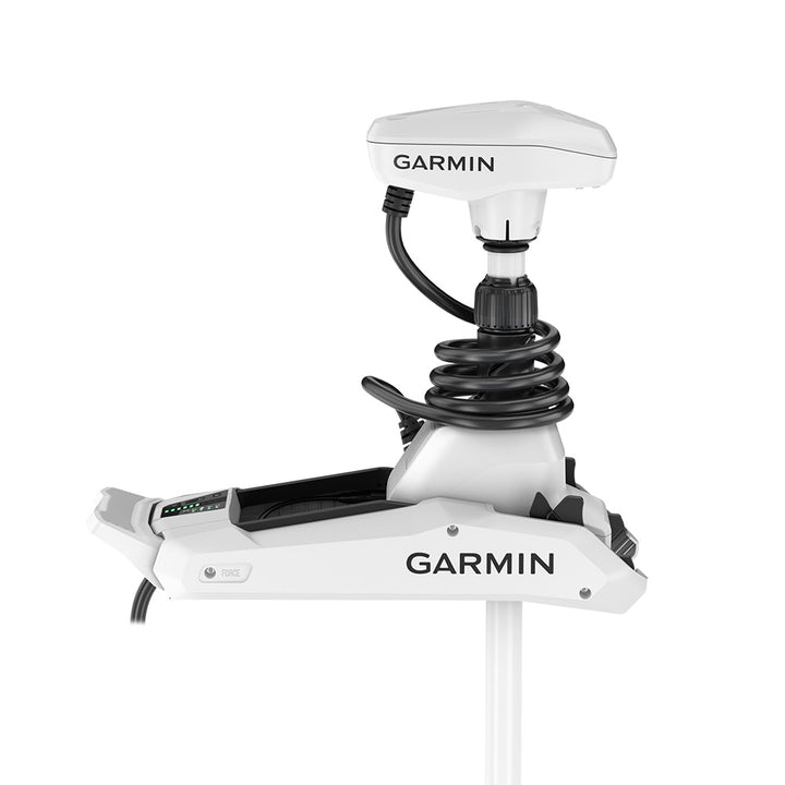 Garmin Force Kraken White 48-inch trolling motor mounted on a boat, showcasing the sleek design and control panel.