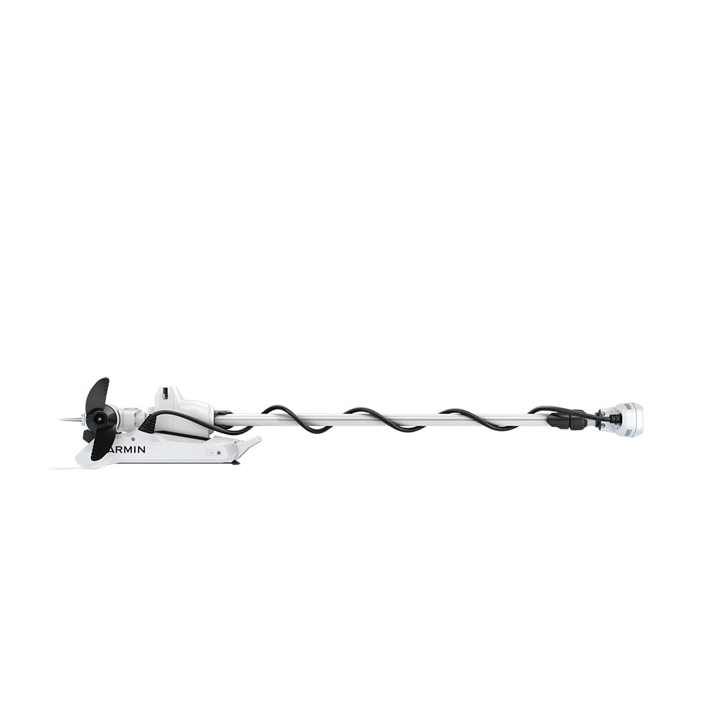 Garmin Force Kraken White 48-inch trolling motor mounted on a boat, showcasing its sleek design and control features.