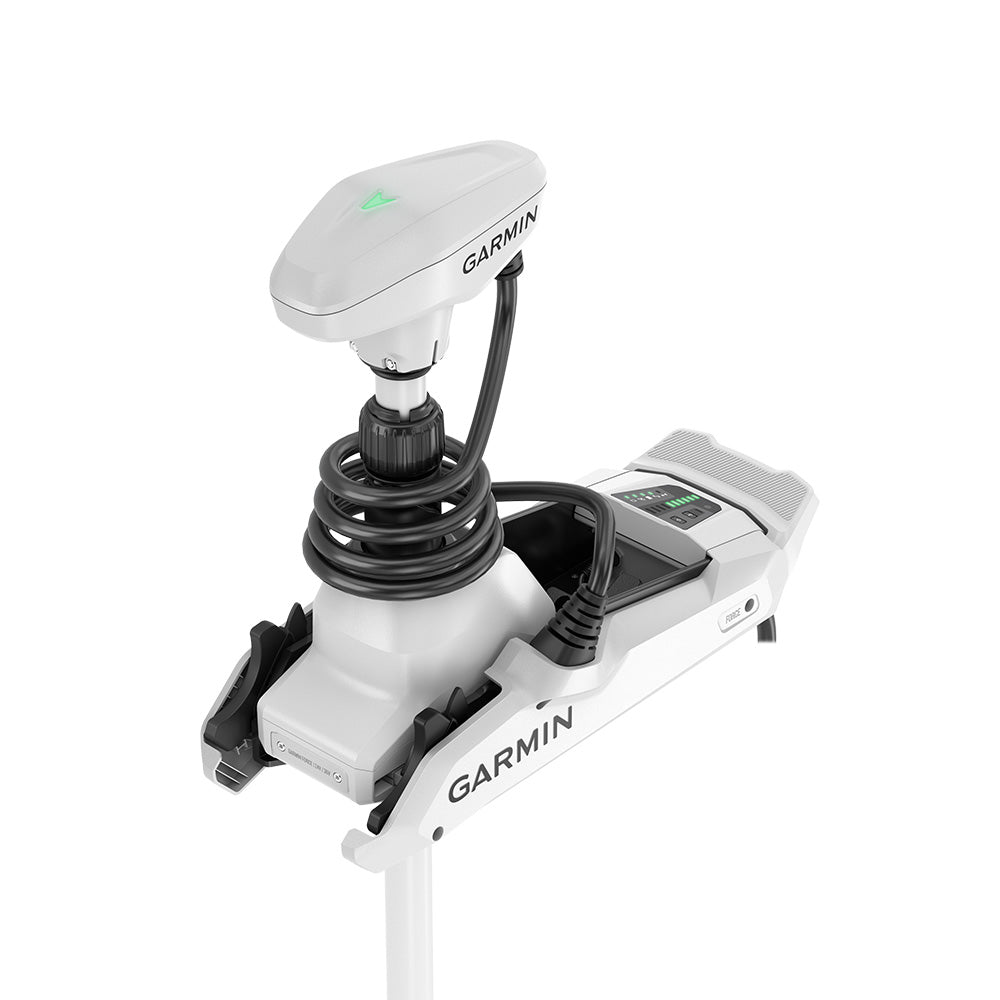 Garmin Force Kraken White 48-inch trolling motor showing the sleek white design and control console for fishing boats