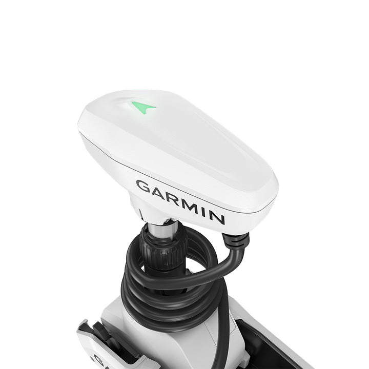 Garmin Force Kraken White 48-inch trolling motor mounted on a boat, showcasing the sleek white design and control features.