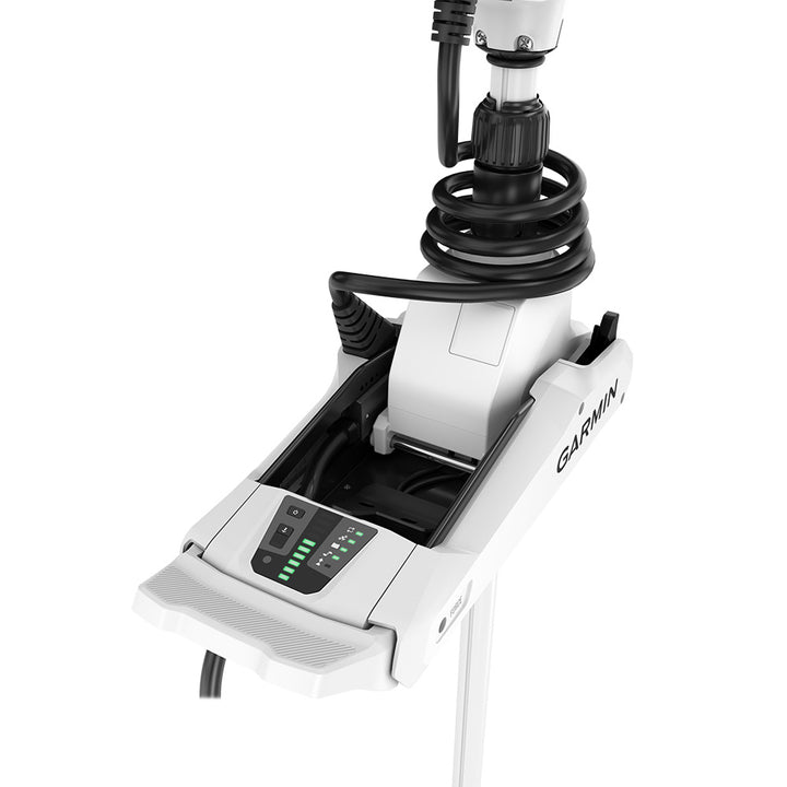 Garmin Force Kraken White 48-inch trolling motor mounted on a boat, showcasing the sleek white design and control panel.