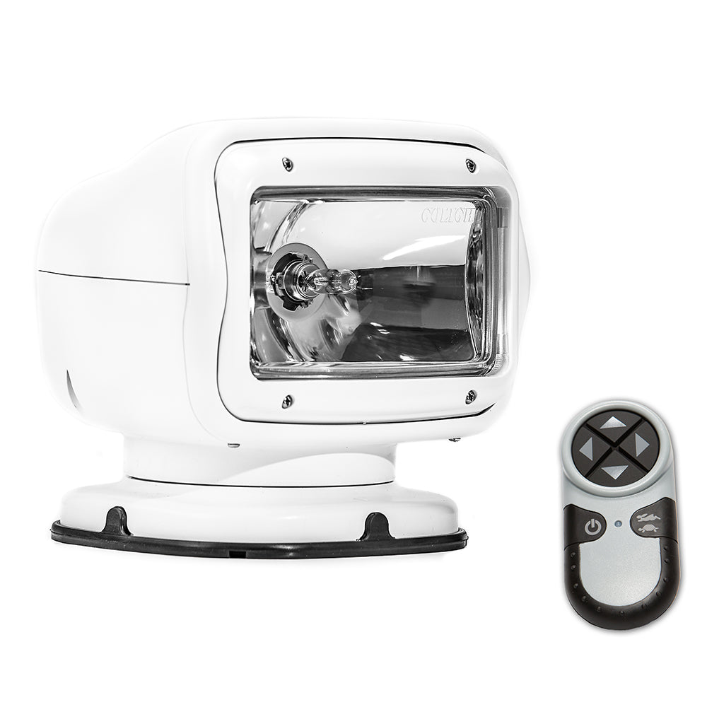 Golight 2000GT white halogen search light with wireless handheld remote, mounted on vehicle for enhanced illumination.