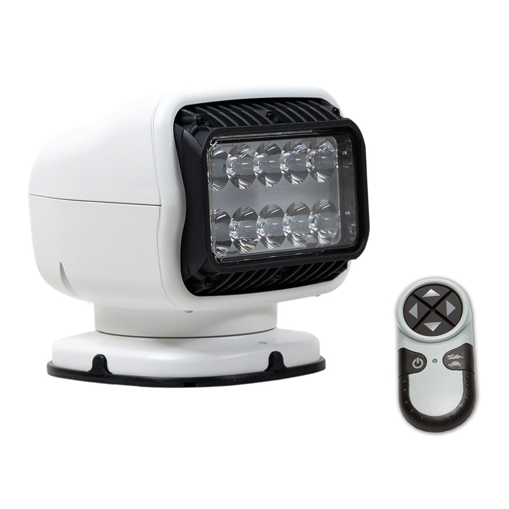 Golight GT Series LED hybrid search light with permanent mount and wireless remote, 12V white LED light for versatile illumination.