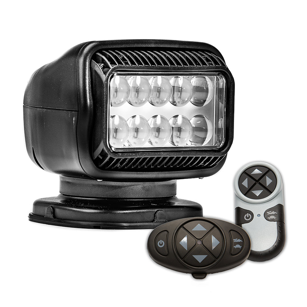 Golight Radioray GT Series permanent mount search light in black LED with wireless handheld and dash mount remote.