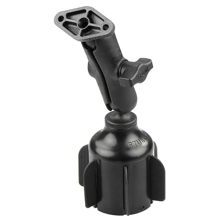 RAM Stubby Cup Holder Mount with Diamond Plate for vehicle mounting, compatible with RAM Mounting Systems accessories.