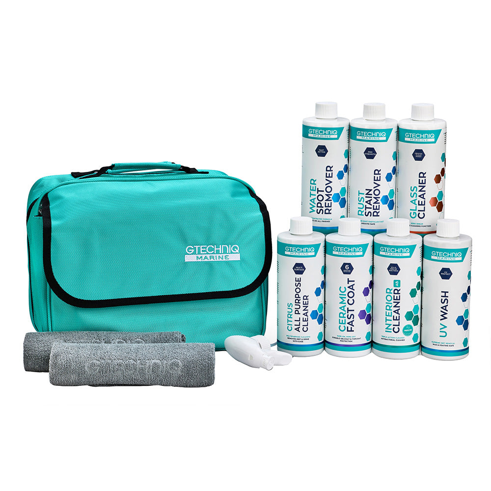Gtechniq Marine Aftercare Kit for cleaning and maintaining boats, includes cleaning products and accessories for marine surfaces.