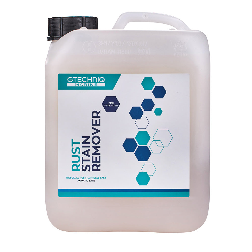 Gtechniq Rust Stain Remover 5L bottle, cleaning product for removing rust stains from various surfaces.