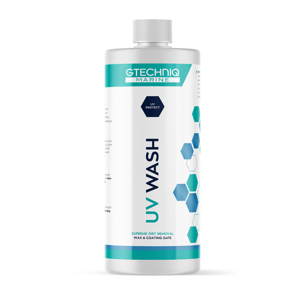 Gtechniq UV Wash 500ml cleaning solution in a clear bottle, designed for vehicle surface cleaning and protection.