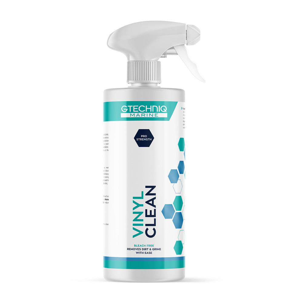 Gtechniq Vinyl Clean 500ml bottle for cleaning and restoring car vinyl surfaces with effective, non-abrasive solution.