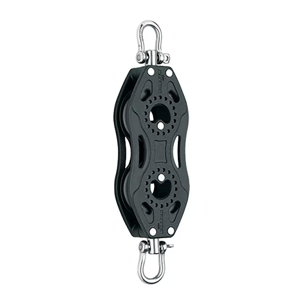 Harken 40mm double sheave fishing block with durable black frame and two sheaves for smooth line handling on sailing or fishing gear.