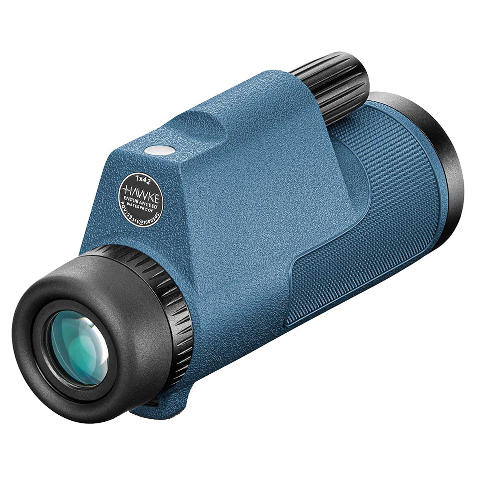 Hawke Optics Endurance ED Marine Binoculars 7x42 with blue body and built-in compass for marine navigation.