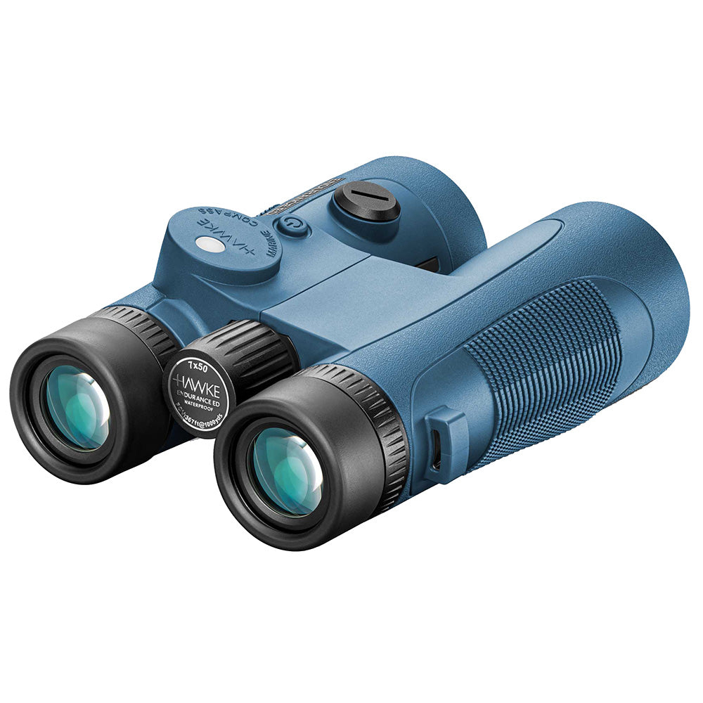 Hawke Optics Endurance ED Marine Binoculars 7x50 in blue with built-in compass, designed for marine and outdoor viewing.