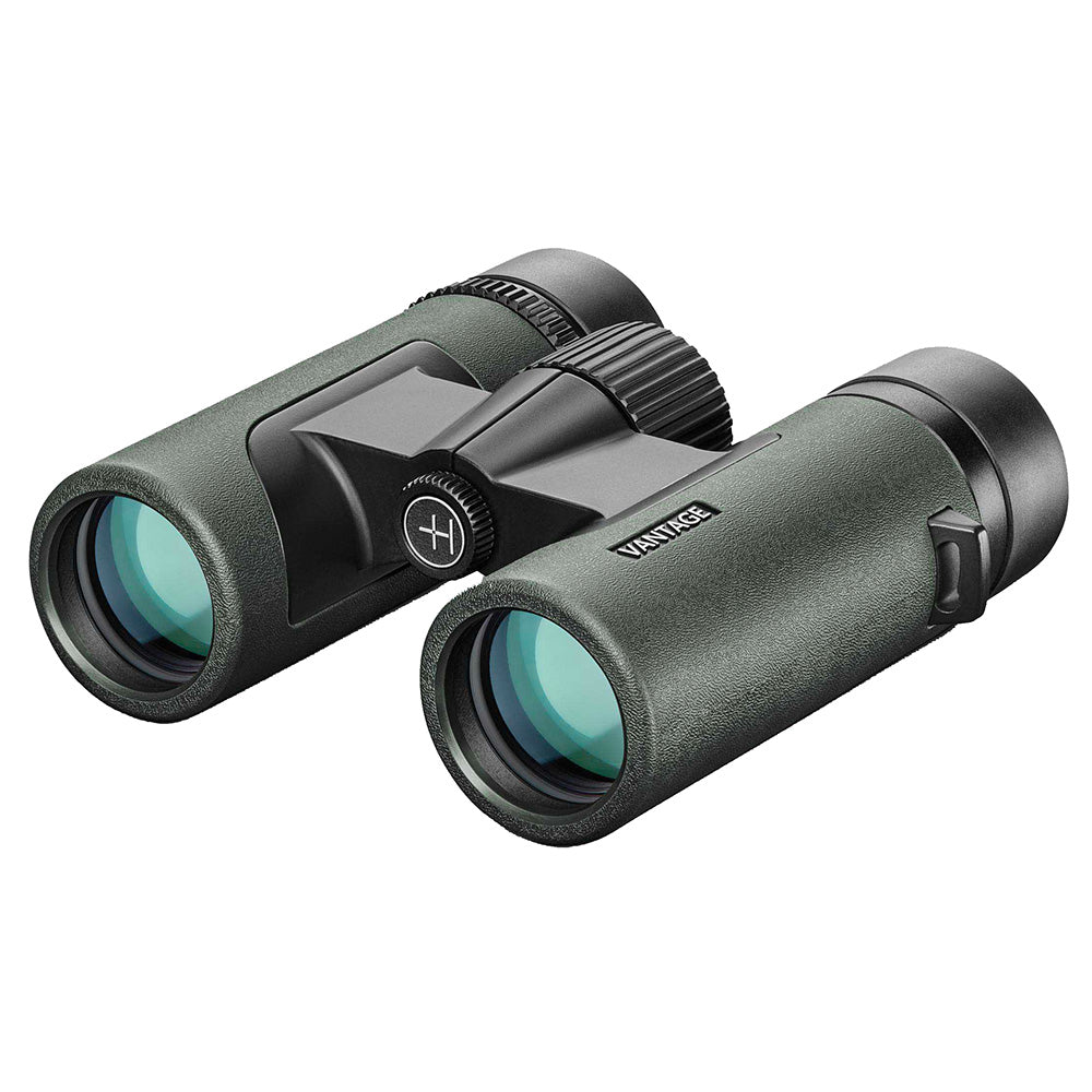 Hawke Optics Vantage 8x32 binoculars in green with adjustable eyepieces and a durable carrying case.