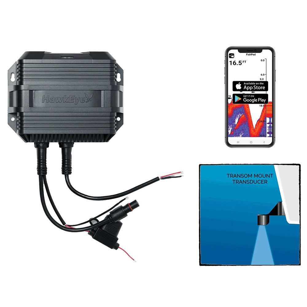 HawkEye FishPod 10BX boat mount Bluetooth fishfinder displaying underwater sonar readings on screen