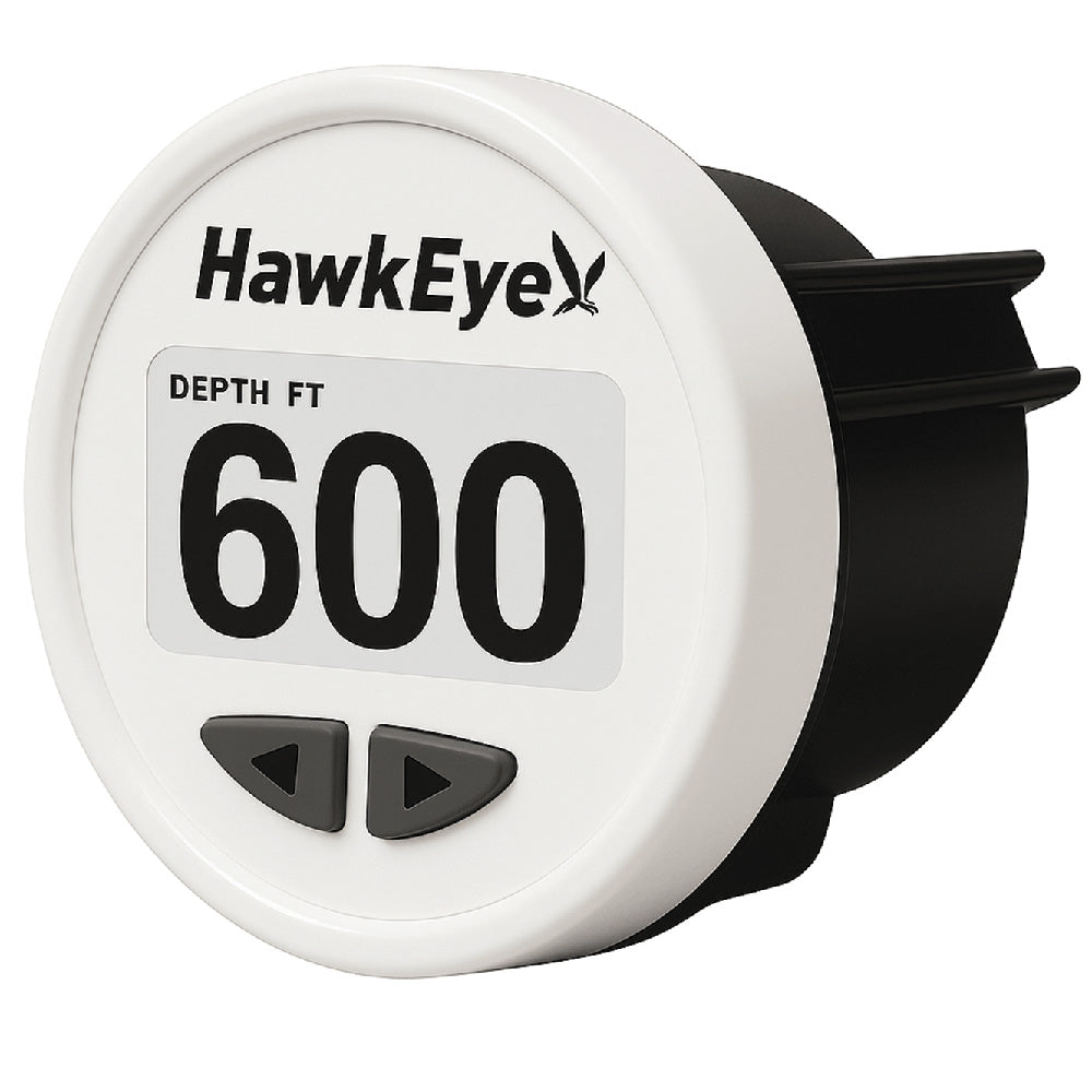 HawkEye DepthTrax Edge in-dash depth finder with HD color display, showing water depth up to 600 feet, with TM transducer.