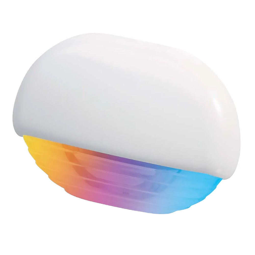 Hella Marine Apelo RGB Step Lamp with white cap, interior courtesy light, showing LED strip and switch for marine boat lighting.