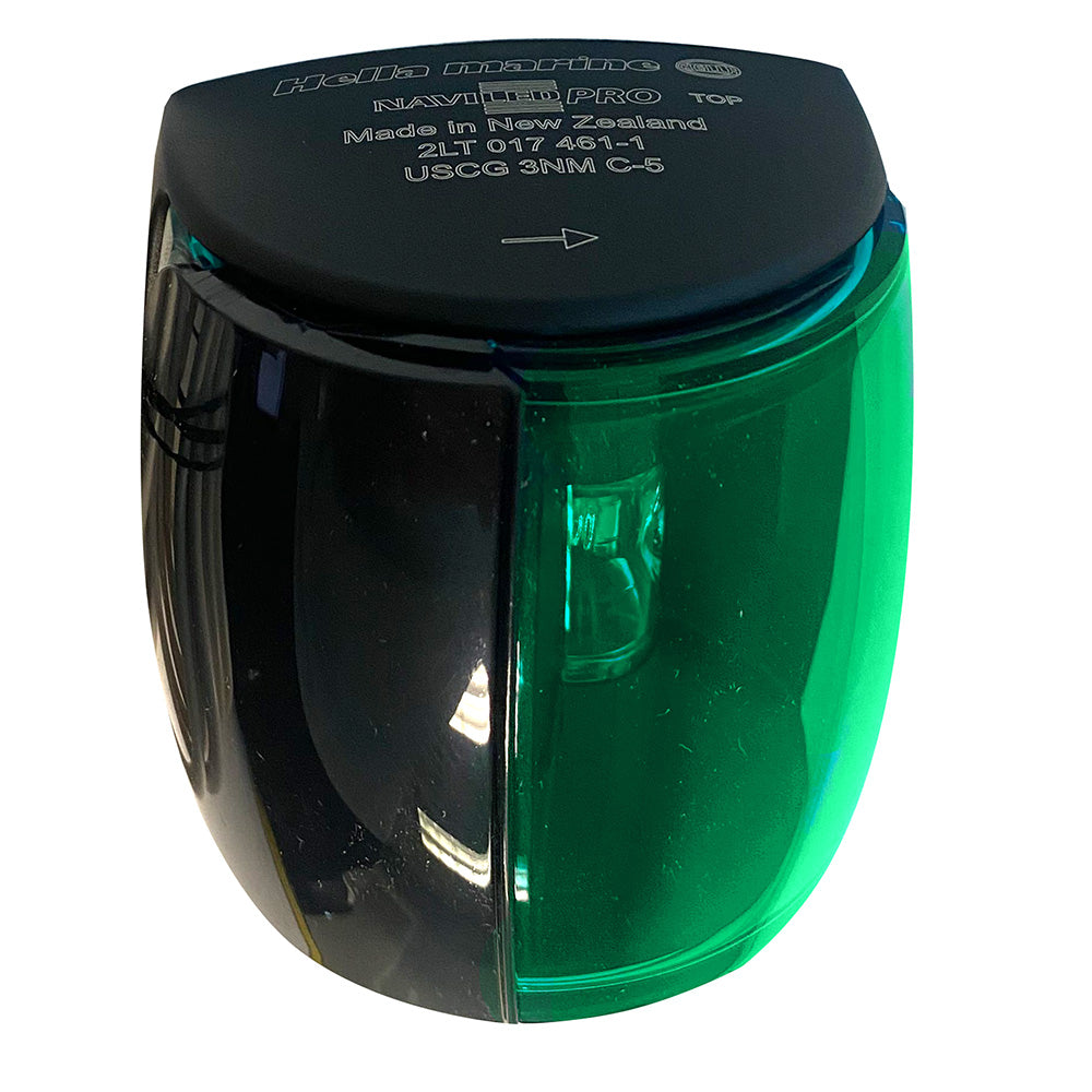 Hella Marine NaviLED PRO starboard navigation lamp in black, compact marine navigation light with 3NM visibility for boats.