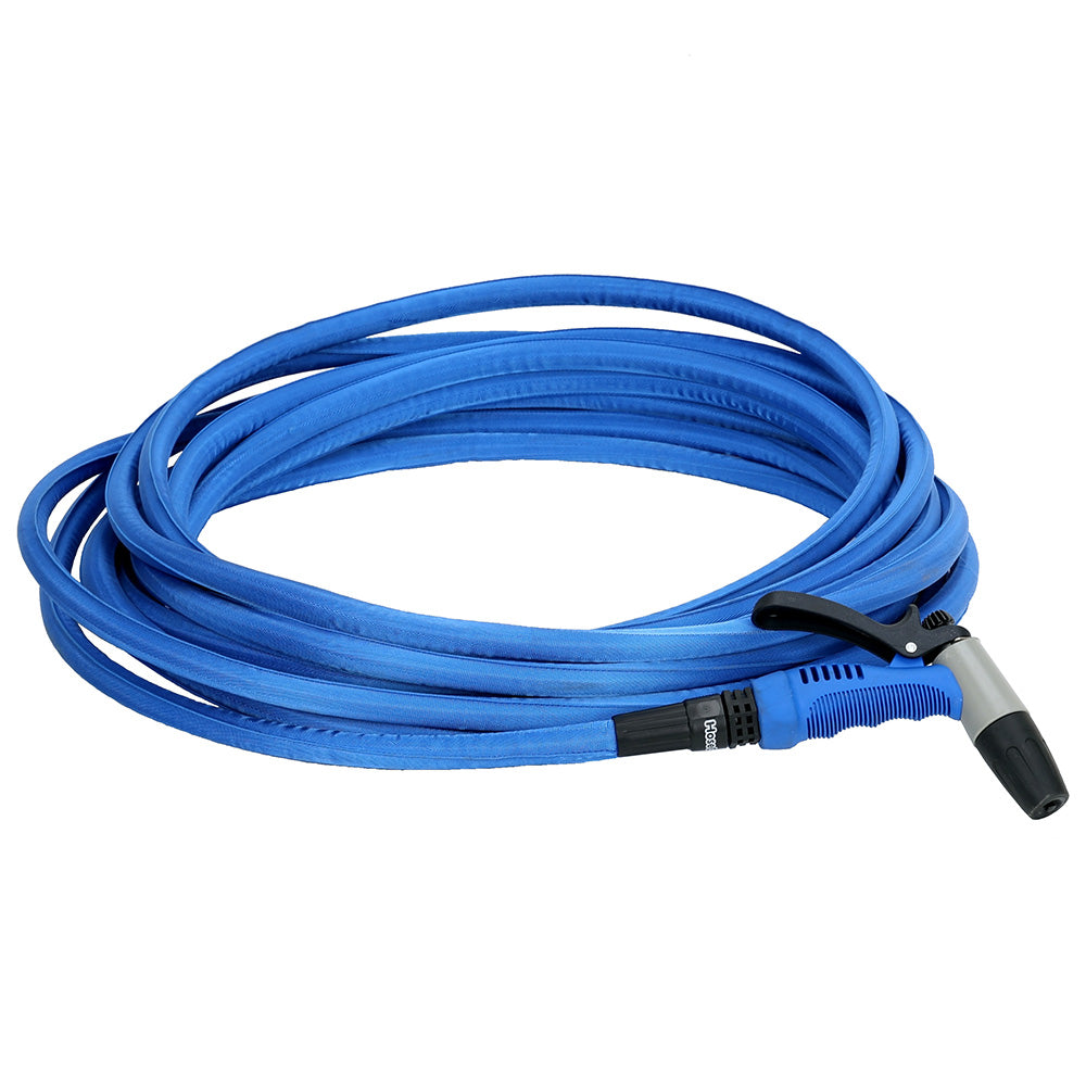 HoseCoil 75 Blue flexible cleaning hose kit with rubber tip nozzle, durable and versatile for garden or cleaning tasks.