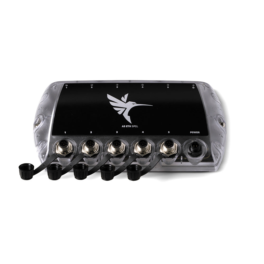 Humminbird AS-ETH-5PGL 5-port Ethernet switch for marine fishfinder accessories, with multiple Ethernet connections.