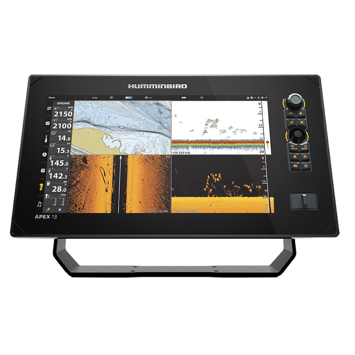 Humminbird APEX 13 CHO VX MSI+ GPS fishfinder combo display showing detailed sonar and navigation charts without transducer.