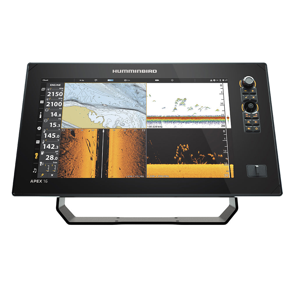 Humminbird APEX 16 VX MSI+ GPS fishfinder combo with transom mount transducer, touchscreen chartplotter and fishfinding display.