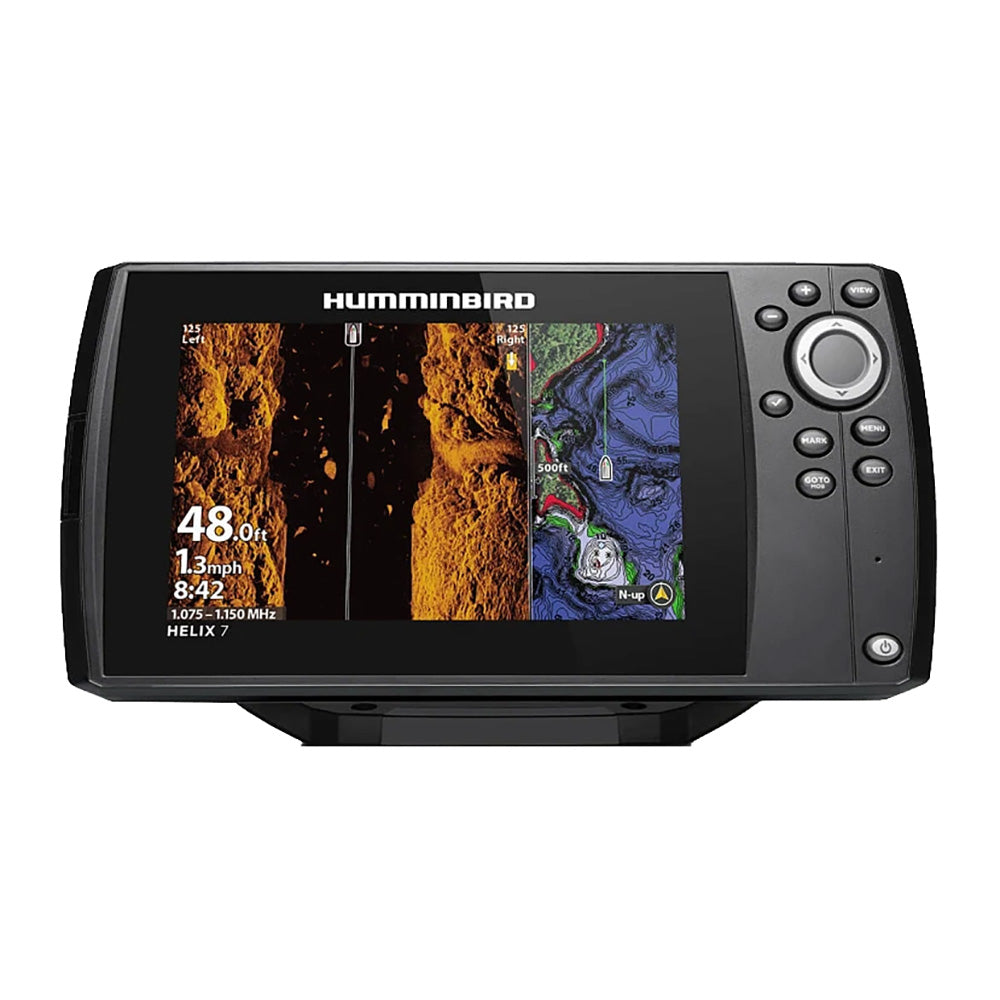 Humminbird HELIX 7 GPS CHIRP MSI G4 fishfinder combo display showing detailed sonar readings on the screen.