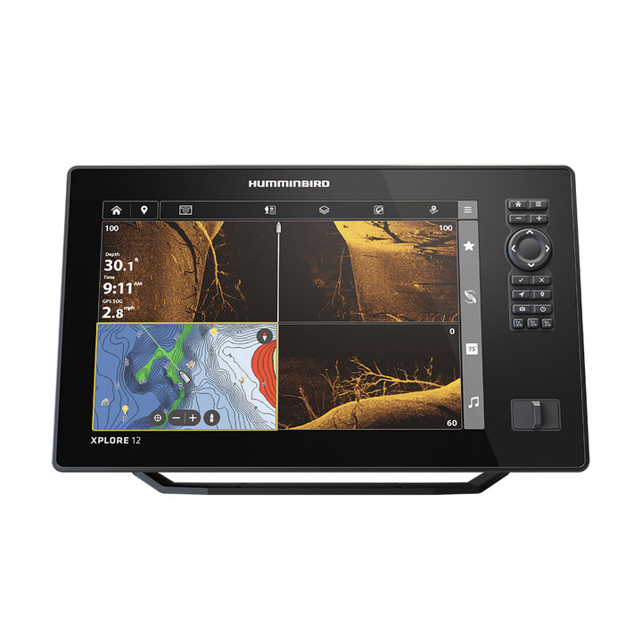 Humminbird XPLORE 12 fishfinder control head, GPS combo display with navigation and sonar features for boating and fishing.