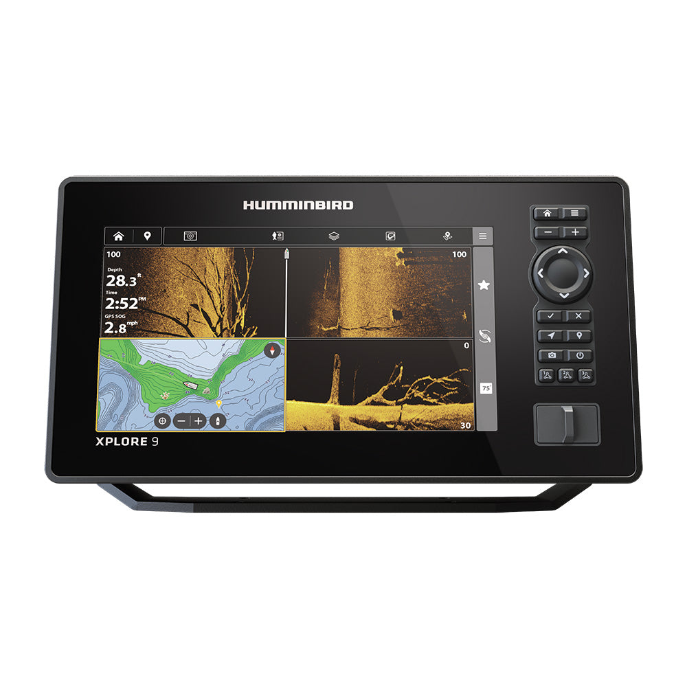 Humminbird XPLORE 9 CMSI+ GPS fishfinder combo showing screen display with detailed sonar readings and navigation features.