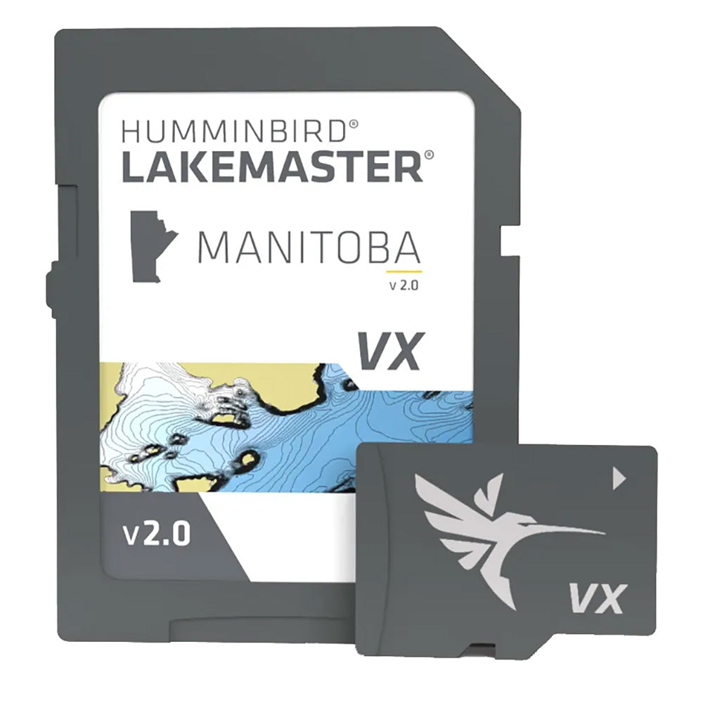 Humminbird LakeMaster VX Manitoba V2.0 map card shown with detailed lake and water body features for Humminbird fish finders.