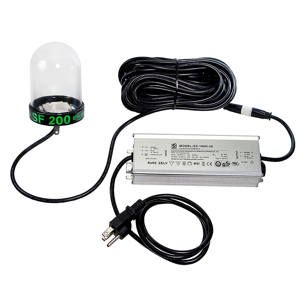 Hydro Glow LED underwater dock light in blue, 200W with 50-foot cord, providing bright underwater illumination.