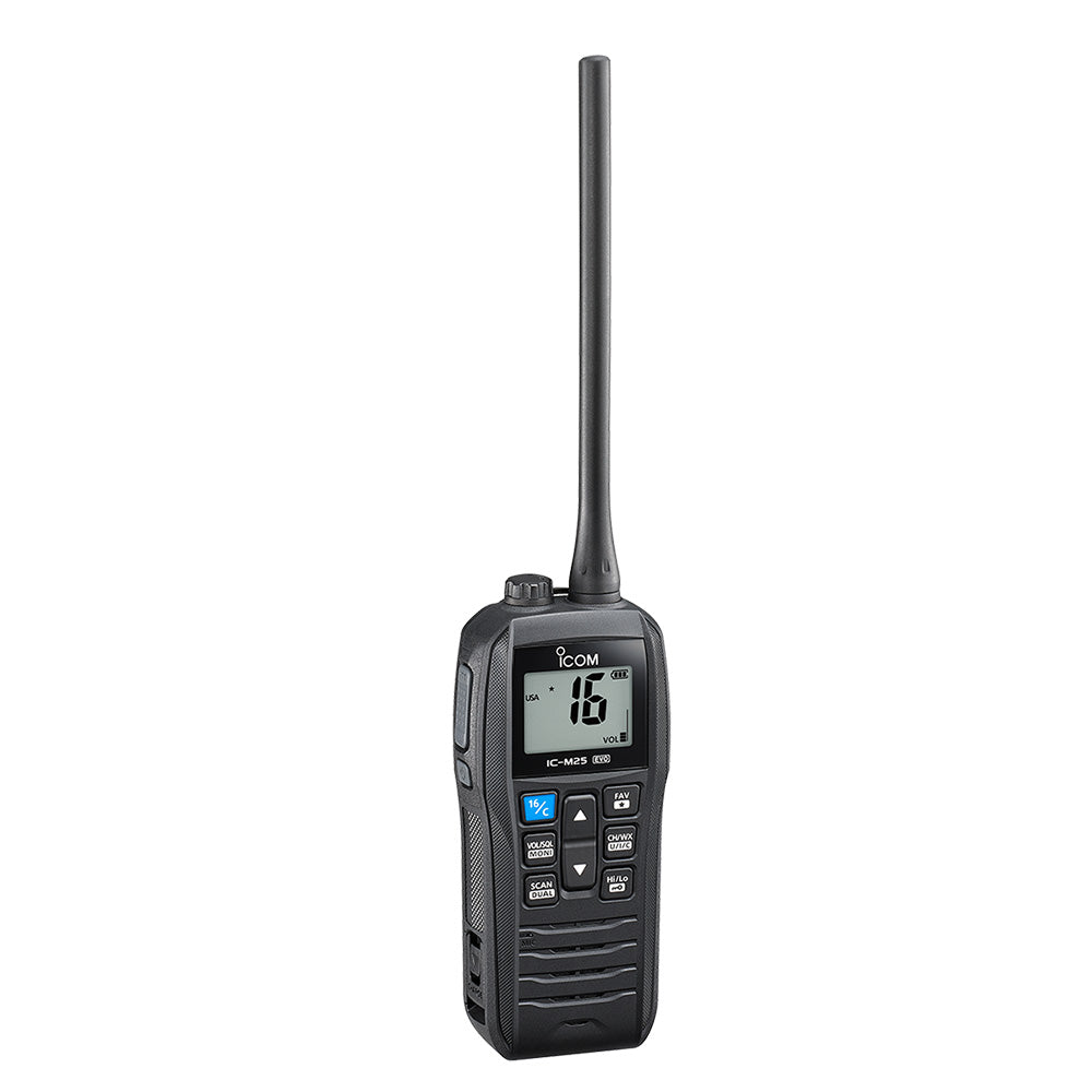 Icom IC-M25 EVO black handheld VHF radio with antenna and controls, designed for reliable marine communication.