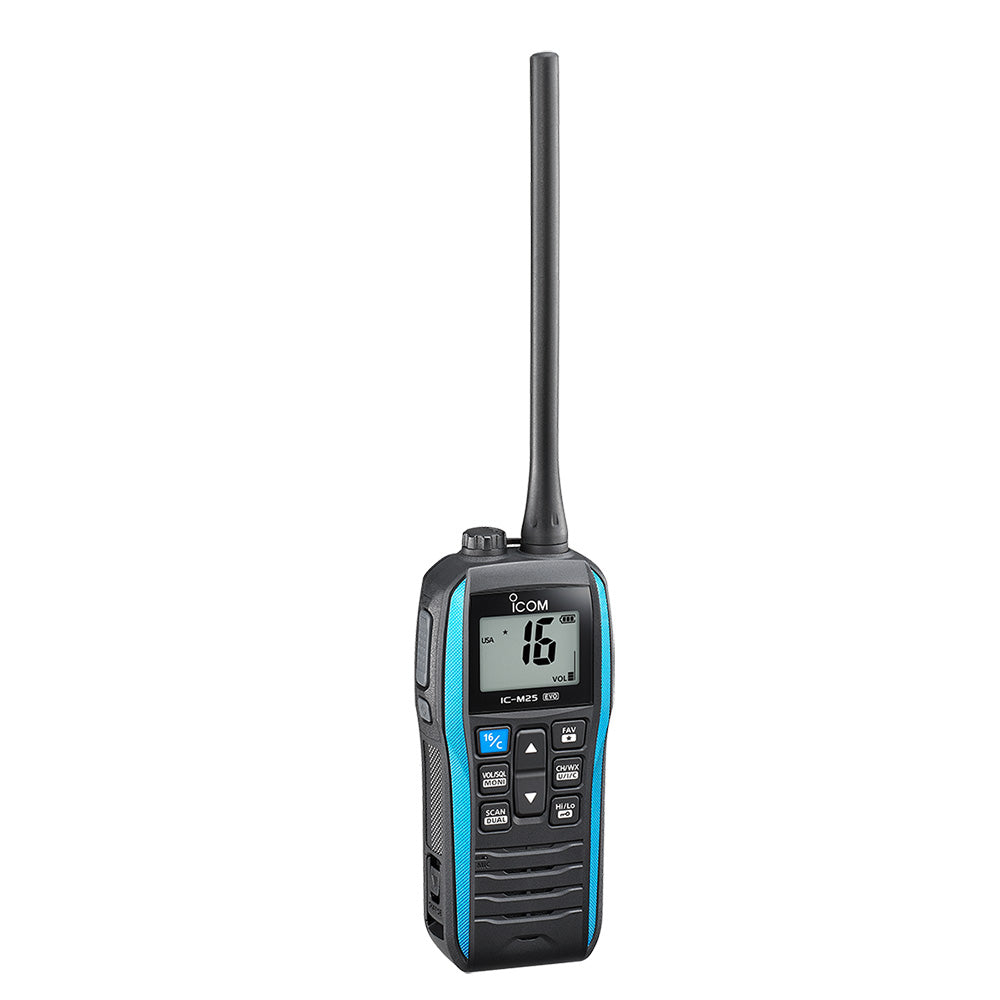 Icom IC-M25 EVO handheld VHF radio in blue, compact marine communication device with display and control buttons.