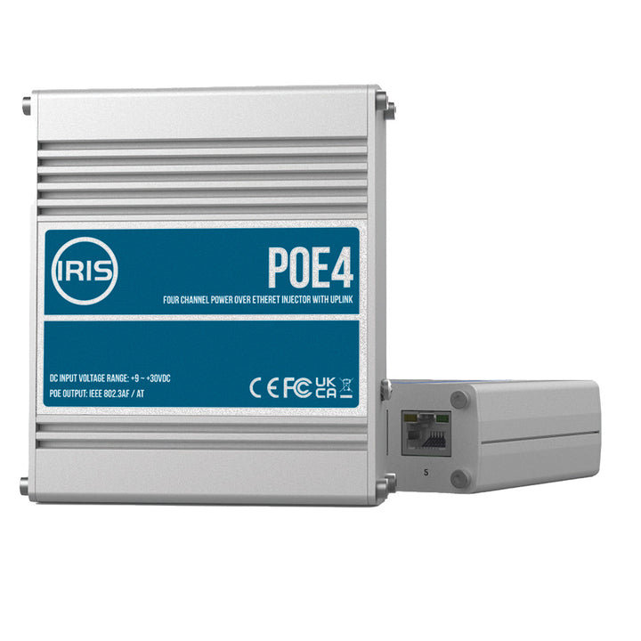 Commutateur Power over Ethernet Iris à quatre canaux (liaison montante) - Conforme à la norme IEEE802.3af 3at - Entrée 9-30 V CC - Sortie 48 V CC